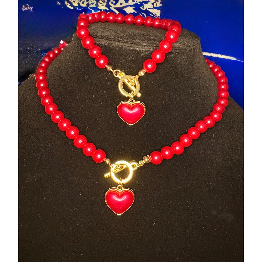 Red Beaded Heart Charm Toggle Necklace bracelet set Women Gold Tone